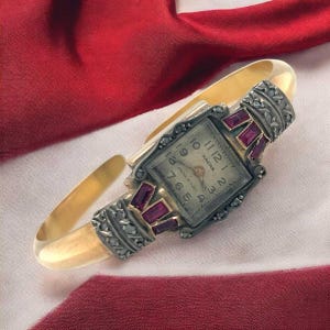 Nacar Damenarmbanduhr aus 18-karätigem Gold mit Diamanten und Rubinen, Vintage-Schmuckstück, mechanisch, antik, handaufgezogen, Sammlerstück, luxuriöse Geschenkidee