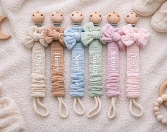 Personalized Bow Pacifier Clip, Custom Name Boho Baby Accessory
