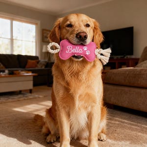 May include: A golden retriever sits indoors, holding a pink bone-shaped dog toy with the name "Bella" printed on it. The toy has white rope ends. The dog is in a well-lit living room.