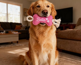 Personalized Bone Dog Toy, Custom Pet Name Plush, Rope Chew Toy
