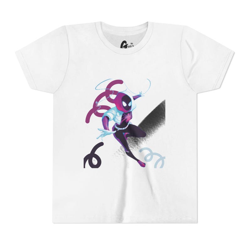 Spider-Gwen Inspired Action Pose Youth Tee | Neon Spider Hero Graphic image 1
