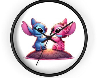 Niedliche Blau und Rosa Alien Paar Wanduhr | Niedliche Cartoon Liebe Illustration
