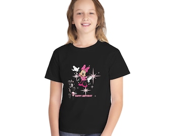 Minnie Mouse Birthday Youth Tee | Cute Cartoon, Balloons, Pink Polka Dot Bow