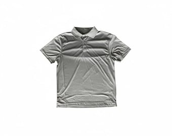May include: A short-sleeved, light gray polo shirt with a collared neckline and a three-button placket. The shirt has a subtle sheen and is made of a lightweight material, suitable for warm weather. The garment is isolated on a white background.