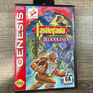 May include: A SEGA Genesis video game cartridge for Castlevania: Bloodlines. The game case features a vibrant illustration of characters and creatures, with the game title in yellow and red. The SEGA and KONAMI logos are visible.