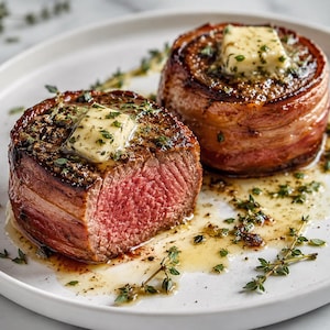 Puede incluir: Dos filetes de ternera envueltos en tocino sobre un plato blanco, cada uno cubierto con un cuadrado de mantequilla derretida y hierbas verdes frescas. Un filete está cortado para revelar un centro rosado, mientras el otro permanece entero.