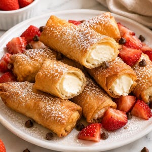 May include: A white plate filled with golden-brown fried pastry rolls filled with white cream, dusted with powdered sugar, and garnished with sliced red strawberries and small dark chocolate chips scattered across the plate and among the pastries.