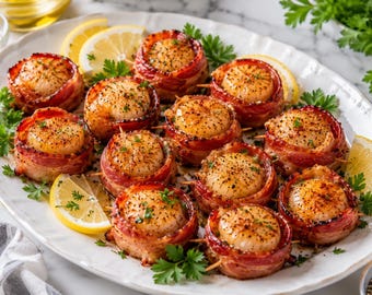 Bacon Wrapped Scallops Recipe | Elegant Seafood Appetizer | Gourmet Party Favorite | Instant Digital Download