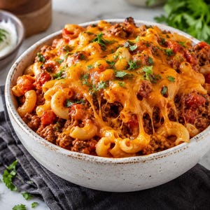 May include: A white ceramic bowl filled with macaroni pasta, ground meat, and a tomato-based sauce, topped with a thick layer of melted orange cheddar cheese and garnished with fresh green parsley flakes, served in a rustic speckled dish.