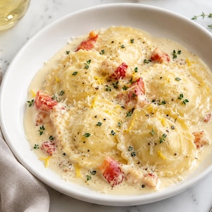 Puede incluir: Un cuenco blanco lleno de raviolis redondos cubiertos con una salsa blanca cremosa, adornados con trozos de carne de langosta roja, queso parmesano rallado, pimienta negra y hojas de tomillo verde fresco, sobre una superficie de mármol.