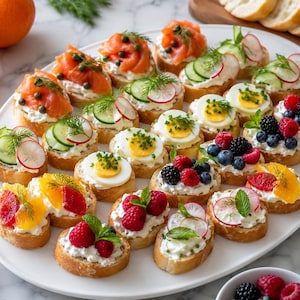 Pode incluir: Uma grande travessa branca cheia de crostini variados cobertos com queijo creme, salmão fumado, fatias de pepino, rabanetes, ovos cozidos, framboesas frescas, amoras, mirtilos e gomos de laranja, decorados com endro e hortelã fresca.