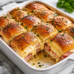May include: A rectangular white ceramic baking dish filled with twelve baked ham and cheese sliders. The golden-brown bread rolls are topped with poppy seeds and fresh green herbs, with melted cheese oozing from the layers of sliced ham inside.