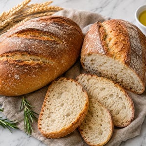May include: A whole loaf of crusty sourdough bread next to a half loaf and three sliced pieces. The bread has a golden-brown exterior with a scored top and a light, airy interior. Sprigs of fresh green rosemary and wheat stalks are arranged nearby.