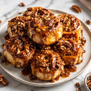 Op de afbeelding: Een bord met goudbruine sticky buns bedekt met een dikke karamelglazuur en gehakte pecannoten. Het gebak is in een groepje gerangschikt, met extra hele pecannoten en kaneelstokjes verspreid over een wit marmeren oppervlak.