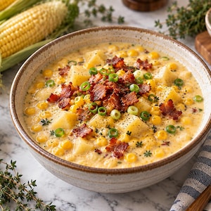 May include: A creamy corn chowder served in a speckled ceramic bowl, featuring yellow corn kernels, diced potatoes, crispy brown bacon bits, and sliced green onions, garnished with fresh green thyme sprigs and a dusting of black pepper.