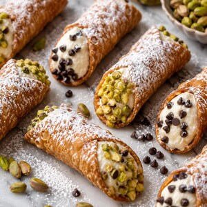 May include: A collection of golden-brown, cylindrical cannoli pastries filled with white cream. Some are topped with chopped green pistachios, others with dark chocolate chips, and all are dusted with a fine layer of white powdered sugar.