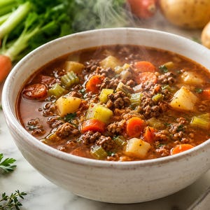 May include: A white ceramic bowl filled with steaming vegetable and ground meat soup. The broth is a deep reddish-brown color, containing visible chunks of diced potatoes, sliced orange carrots, and chopped green celery stalks.