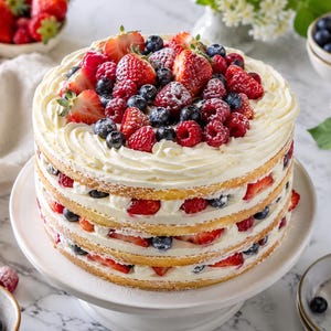 Può includere: Una torta a più strati composta da pan di spagna dorato e panna montata bianca. La parte superiore è guarnita con fragole, lamponi e mirtilli freschi, con fette di frutta visibili tra ogni strato di pan di spagna della torta.