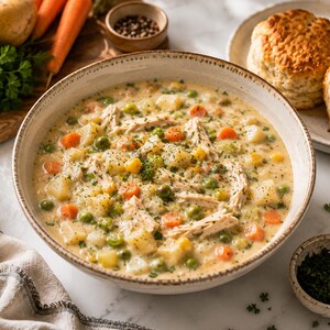 Könnte beinhalten: Eine cremige Hühnersuppe in einer breiten, gesprenkelten Keramikschale mit gezupftem Hühnerfleisch, gewürfelten Kartoffeln, orangen Karotten und grünen Erbsen in einer dicken, gewürzten Brühe, garniert mit einer Prise grüner Kräuter.