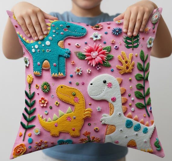 3D Print Look Pink Dinosaur Pillow 18x18 Inch, Felt Embroidered Cushion with Colorful Flowers