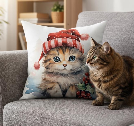 Christmas Cat Velvet Pillow Cover 18x18 Inch, Kitten with Santa Hat, Cozy Winter Holiday Home Decor, Gift for Cat Lovers