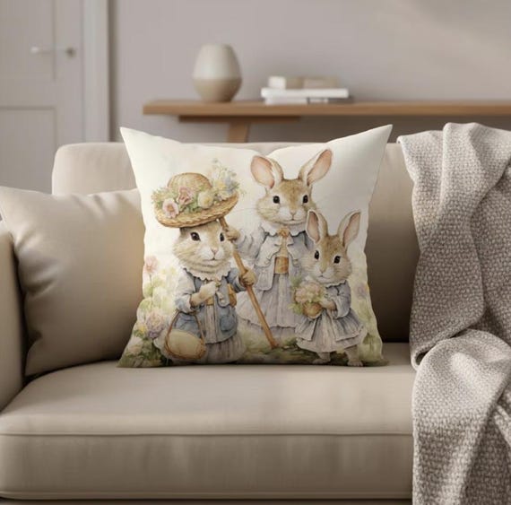 Rabbit Illustration Pillow Cover 18x18, 3D Print Bunny Cushion, Vintage Nursery Decor