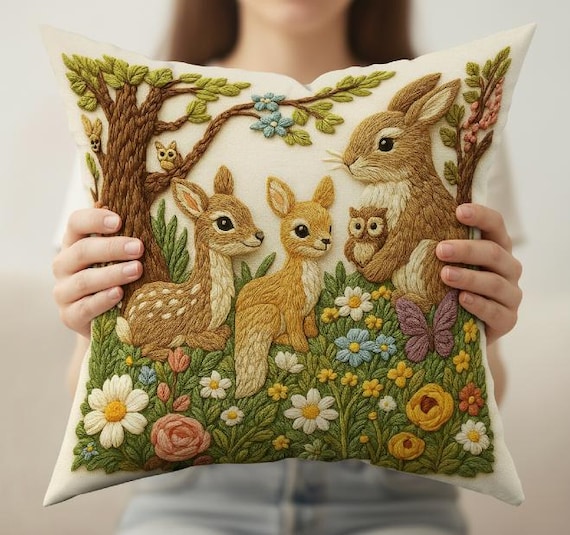3D Digital Print Woodland Rabbit Pillow, Floral Nursery Cushion Decor