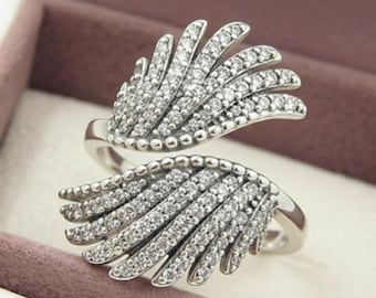 Sparkling Angel Wing Wrap Ring in 925 Sterling Silver, Pave Diamond Wing Bypass Ring, Guardian Angel Memorial Adjustable Statement Wing Ring