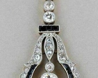 Collier pendentif ancien en diamant et onyx de style Art déco en or massif, pendentif géométrique ajouré unique avec onyx noir et vieil européen