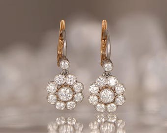 Vintage Art-Deco-Diamant-Cluster-Ohrringe, 14k zweifarbiges Gold, florale Halo-Ohrringe, antike Edwardian Style Daisy Ohrringe, Anniversar
