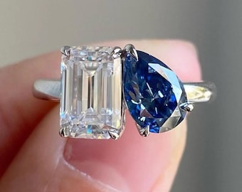 Toi et Moi Verlobungsring mit Smaragd und Birnenschliff, Blauer Saphir und Diamant Zwei-Stein-Ring, 14K Weißgold Vintage Style Versprechensring für Sie