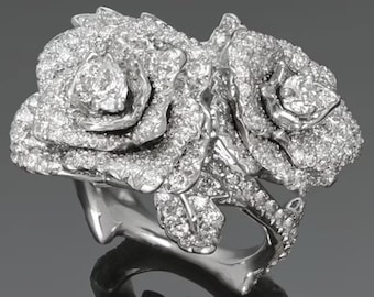 Weißgold Rose Diamant Ring, einzigartiger Doppel-Blume-Bypass-Cocktailring, Statement Art Deco Blumencluster-Verlobungsring für Sie