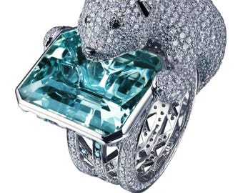 Diamant Eisbär Ring, 14k Weißgold Aquamarin Statement Ring, Großer Smaragdschliff Blautopas Cocktailring, 3D Tier Schmuck,