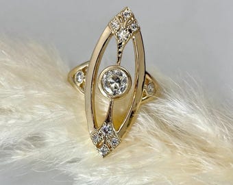 Vintage Art Deco Marquise-vormring, 14k geelgouden geometrische statementring, opengewerkte medaillonring, oude Europese geslepen diamanten ring,