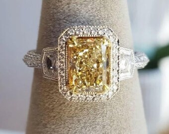 Vintage strahlende gelbe Diamant Verlobungsring, Art-Deco-Halo-Ring, 14k Weißgold drei Steinring, Milgrain Ring, 10k 18k Solid Gold