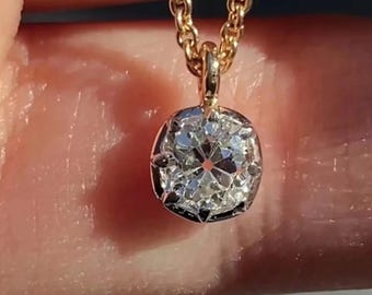 Antiker Alteuropäischer Moissanit Anhänger in 585 Gelbgold, Vintage Style 8-Zacken Kronenfassung Solitär Halskette, OEC Diamant