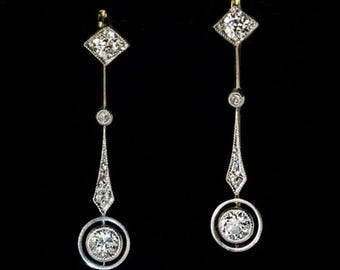 Art-Deco-Diamant-Tropfen-Ohrringe, 14 Karat Weißgold Geometrische Lange Ohrringe, Vintage Edwardian Stil Hochzeitsschmuck