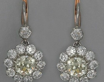 Antike Old Mine Cut Diamant Ohrringe, 14k zweifarbige Gold Anhänger, Vintage Edwardian Floral Halo Ohrringe, Erbstück