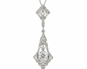 Vintage Art-Deco-Diamant-tropfen Lavallier-Halskette aus massivem Weißgold, antiker Stil-Filigrananhänger mit runder, brillanter Mitte