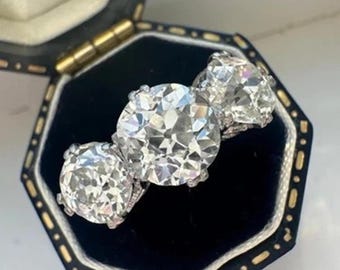 Antike Trilogie Verlobungsring aus 585 Weißgold oder Sterlingsilber, Diamantring mit 3 Steinen im alten europäischen Schliff, Vintage-Erbstück zum Jahrestag