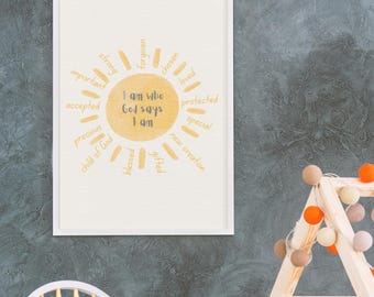 I am who God says I am Christian affirmation kids bedroom decor, printable Christian wall art