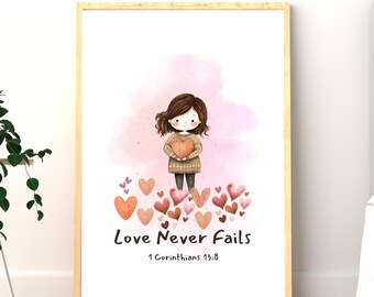L'amore non viene mai meno, versetto della Bibbia Corinzi 13, decorazione per la casa, arte murale cristiana