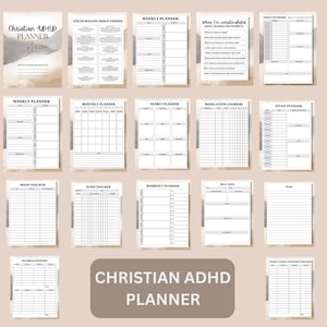 May include: A Christian ADHD planner with various pages for daily, weekly, and yearly planning, including sections for bible verses, mood tracking, and medication logs. The planner has a neutral color scheme.
