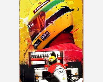 May include: A vintage-style metal sign featuring a Formula 1 racing theme. The image showcases a racing helmet with the word "NACIONAL" and the Boss logo. A race car is also visible, with the word "Marlboro" on it.