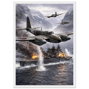 May include: A framed print showing a WWII aerial battle scene. Fighter planes are depicted flying above a burning warship in a stormy sea. Mountains are visible in the background, with a cloudy sky. The print has a white border.