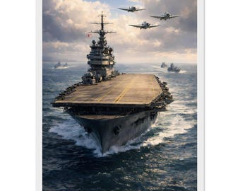 【米軍放出品】 USAヴィンテージ 海洋版画 金彩額装アート　座間基地 1944年 航空母艦 断面図 ポスタープリント 第二次世界大戦 海軍 軍事