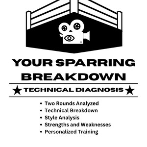 Op de afbeelding: Een zwart-witte afbeelding met een icoon van een boksring met een filmcamera erin. De tekst luidt: YOUR SPARRING BREAKDOWN, TECHNICAL DIAGNOSIS, Two Rounds Analyzed, Technical Breakdown, Style Analysis, Strengths and Weaknesses, Personalized Training.