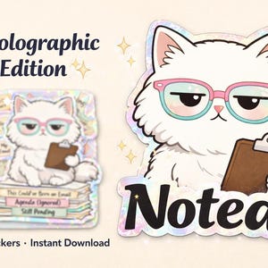 Deadpan Manager Cat Stickers, Holographic Meme Pack, Work Humor Planner (Instant Download)
