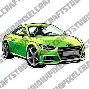 May include: Illustration of a green Audi TT sports car. The car has a low profile, black alloy wheels, and a detailed front. The image is rendered with a glossy finish, emphasizing the car's sporty design and curves.