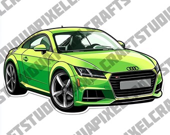 May include: A vibrant green Audi TT sports car illustration. The car features a sleek, aerodynamic design with black wheels and a detailed front grille. The image has a glossy finish, highlighting the car's curves and sporty aesthetic.